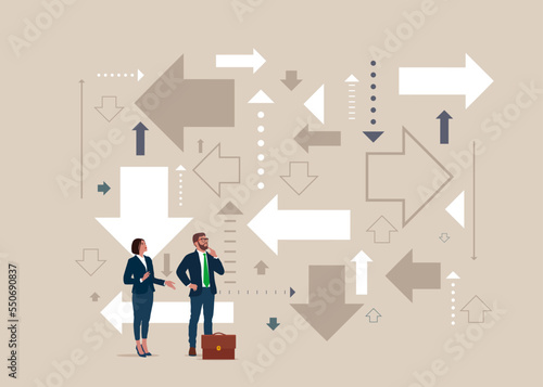 Business team searching for direction at arrows pointing to many directions. Vector illustration