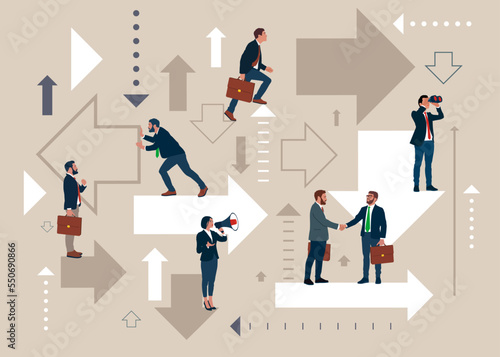 Best solution. Business team searching for direction standing at arrows pointing many directions. Flat vector illustration