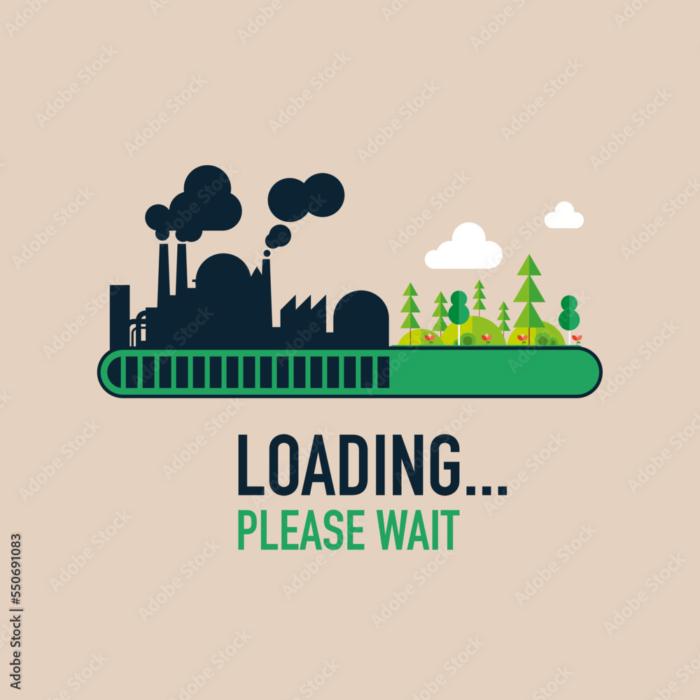 Global warming. Black silhouette of factory, industries and green forest. Countdown bar, loading. Flat modern vector illustration.