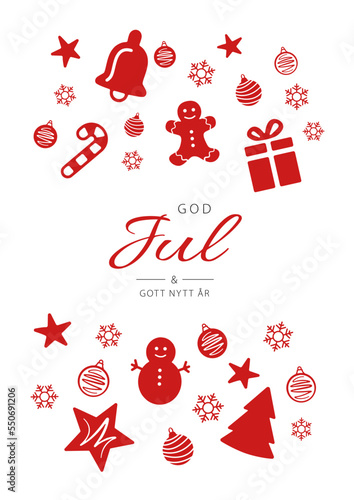 Swedish text God Jul och Gott Nytt År. Merry Christmas and Happy New Year. Vector illustration