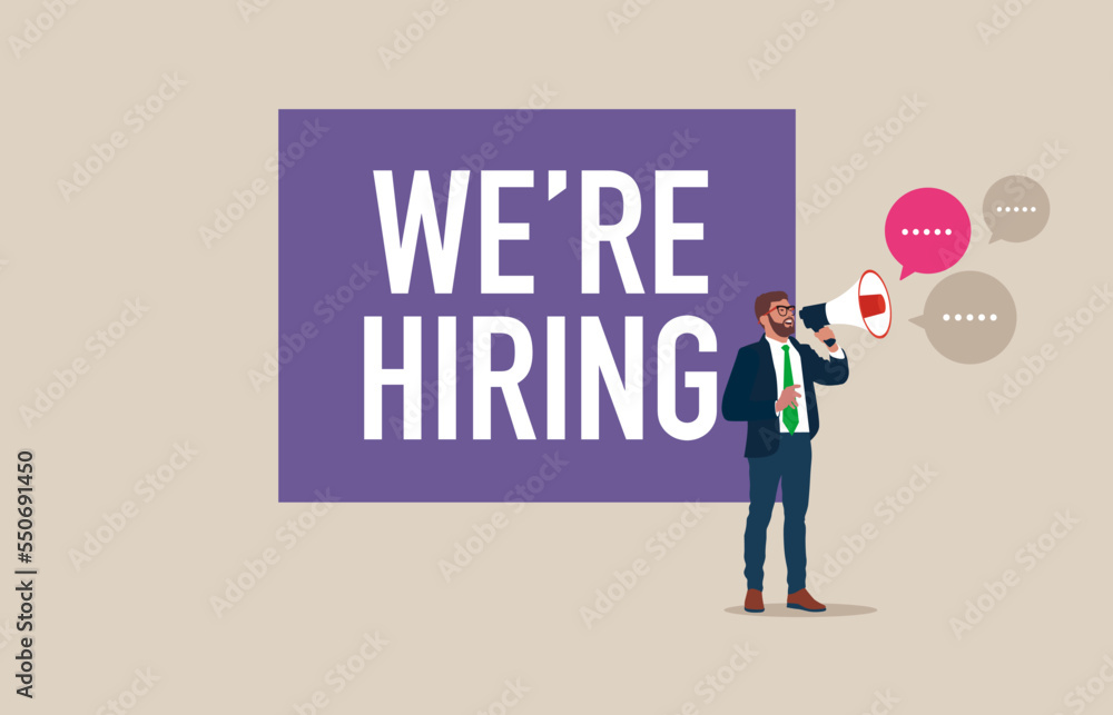 Employer looking for candidate for job vacancy concept, businessman HR with megaphone. HR recruiting announcement, are hiring advertisement. Modern flat vector illustration.