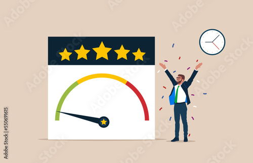 Happy businessman business get five stars, best review. Good performance, high quality reputation. Excellent customer reviews and high rating, best service. Flat vector illustration