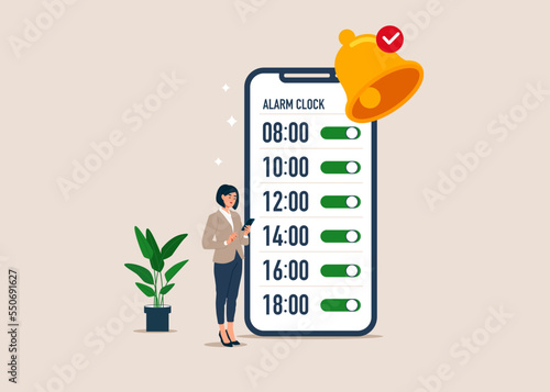 Businesswoman sets up an alarm clock on smartphone. Big ring bell, time management application on smartphone screen. Flat modern vector illustration
