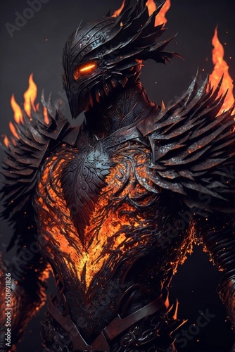 A portrait of a monster with an epic armor of cinder ember lava