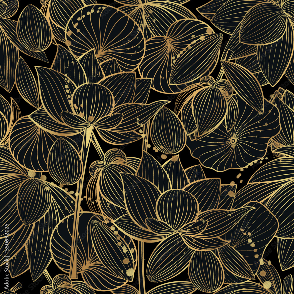 Seamless vector pattern with lotus flowers on a black background. Line art style. Seamless vector pattern with lotus flowers on a black background. Line art style.
