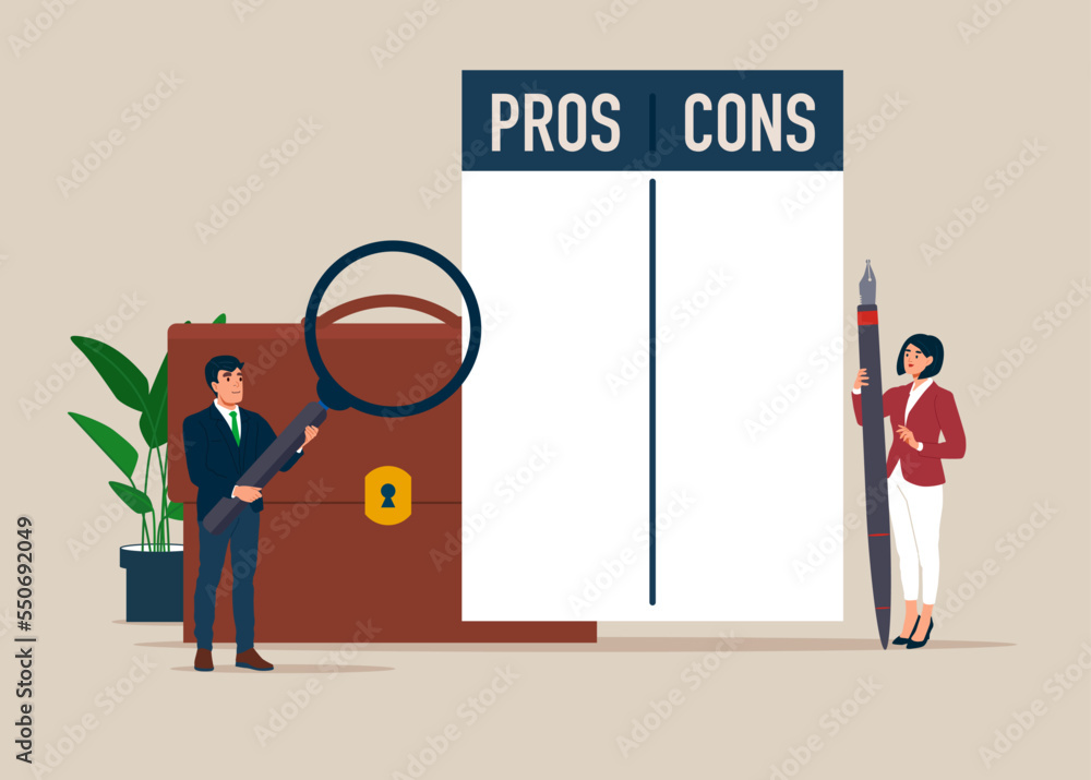 Businessman and team and list pros and cons. Business advantages and disadvantages. Flat modern vector illustration Businessman and team and list pros and cons. Business advantages and disadvantages. Flat modern vector illustration