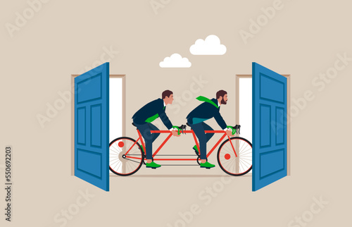 Business Team Riding Tandem Bicycle resign and walk through exit door. Great resignation, employee resign, quit or leaving company, people management or human resources problem concept