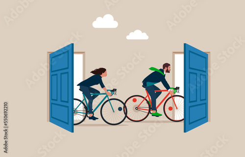 Employees with Bicycle resign and walk through exit door. Great resignation, employee resign, quit or leaving company, people management or human resources problem concept