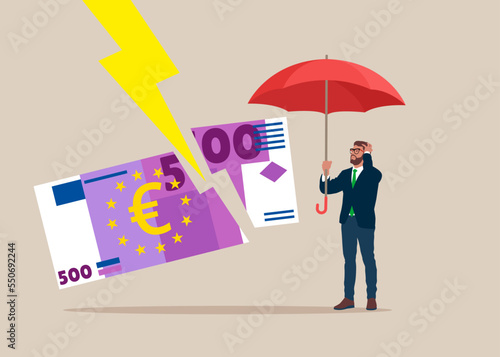Financial problems. Economic crisis, recession in world. Bad financial condition, high inflation. Huge euro banknote struck by lightning. Flat modern vector illustration