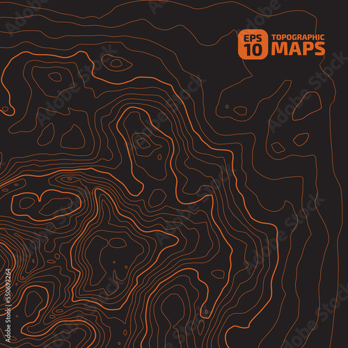 Stylized height CG topographic contour map in contours. Abstract background. Digital copy earth space. Concept of a conditional geography scheme, terrain path. Orange on Black. Vector illustration