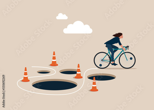 Woman with Bicycle  pass many pitfalls to achieve business success. Avoid pitfall, adversity and brave to around pass mistake or business failure, skill and creativity to solve problem concept.
