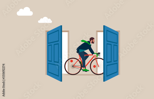 Employee with Bicycle resign and walk through exit door. Great resignation, employee resign, quit or leaving company, people management or human resources problem concept