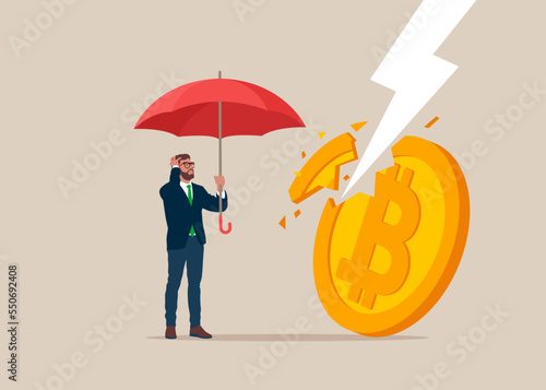 Financial problems. Economic crisis, recession in world. Bad financial condition, high inflation. Huge bitcoin struck by lightning. Flat modern vector illustration