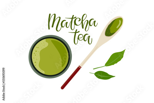 Green tea matcha. Japanese Matcha tea bowl, wooden spoon, fresh green leaves. Flat vector Top view illustration for template, menu, shop. Healthy drink ingredient for japanese, chinese tea ceremony