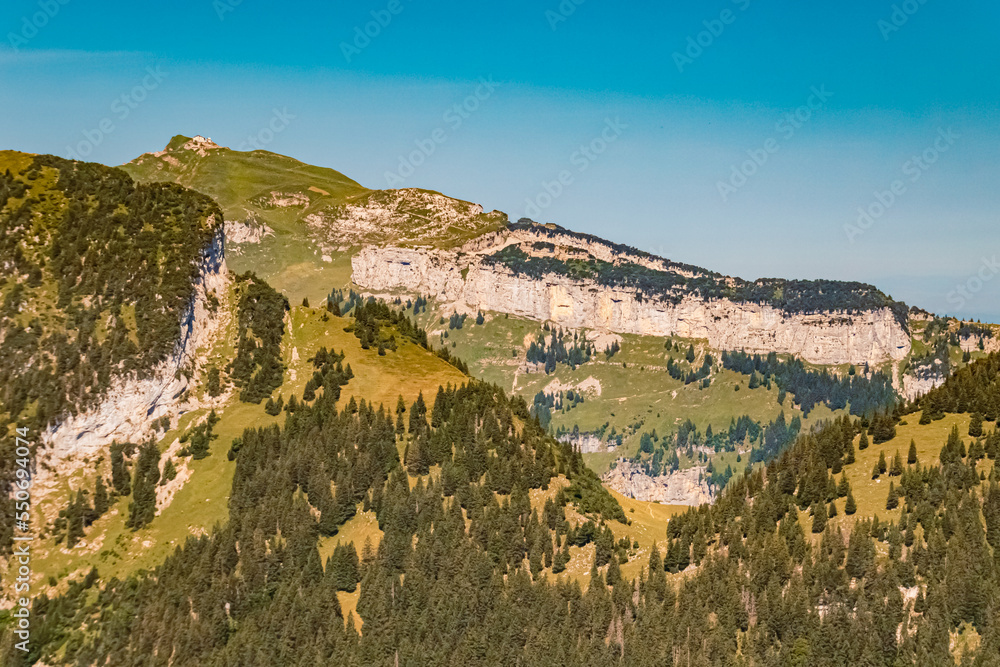 Beautiful alpine summer view with the famous Schaefler mountain inn seen from the Staubern mountains, Fruemsen, Sennwald, Saint Gallen, Appenzell, Switzerland Beautiful alpine summer view with the famous Schaefler mountain inn seen from the Staubern mountains, Fruemsen, Sennwald, Saint Gallen, Appenzell, Switzerland