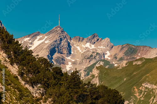 Beautiful alpine summer view with the famous Saentis summit seen from the Staubern mountains, Fruemsen, Sennwald, Saint Gallen, Appenzell, Switzerland