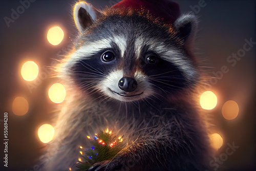 Cute raccoon  wearing a Santa hat, wishing happy Christmas photo