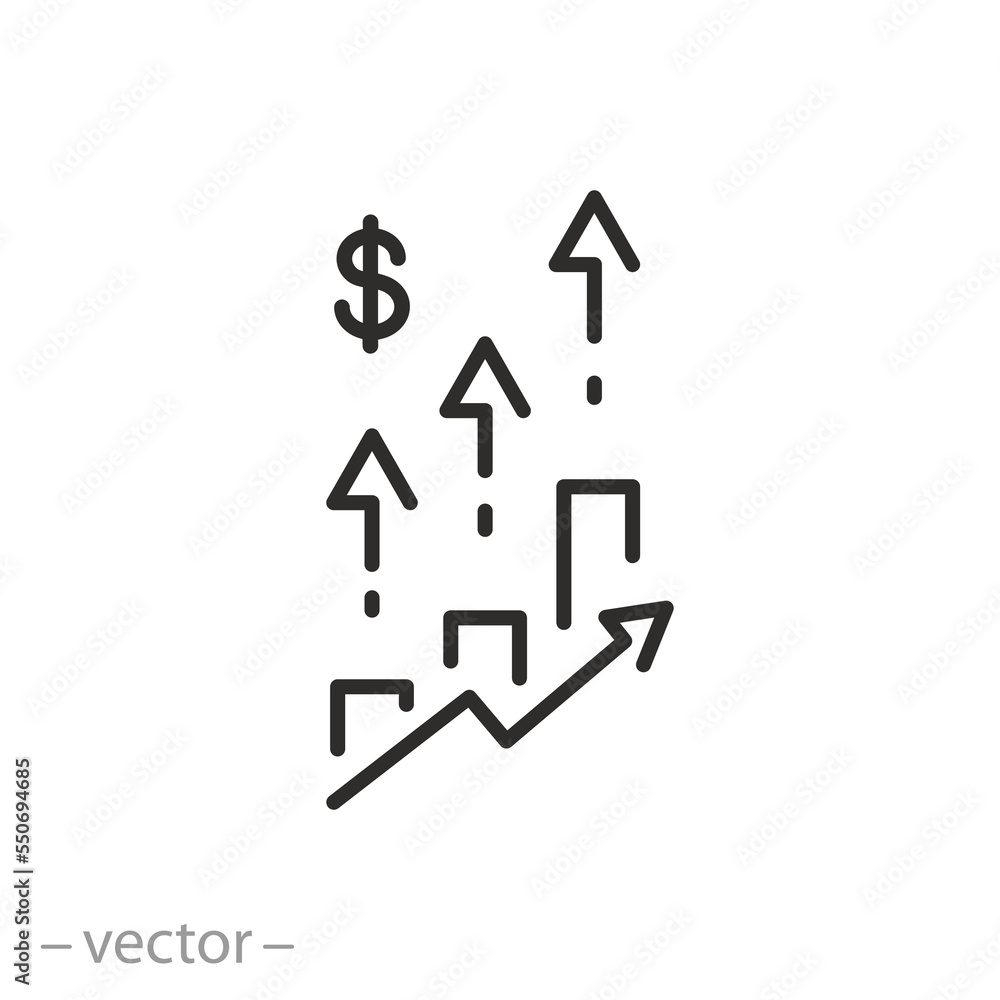 rise in price, increase cost, tariff upward movement, thin line symbol on white background - editable stroke vector illustration eps10