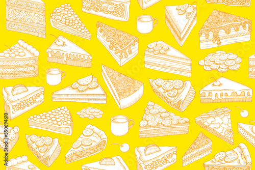 Seamless background with different pieces of cakes. Hand drawn vector drawing in orange lines of cheesecakes, cakes, cups of tea or coffee on a yellow background