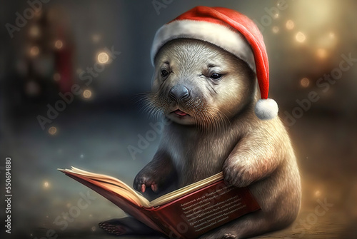 Fototapeta Naklejka Na Ścianę i Meble -  A cute baby animal is reading a book wearing a Santa hat on its head. A fantasy Generative AI digital illustration.