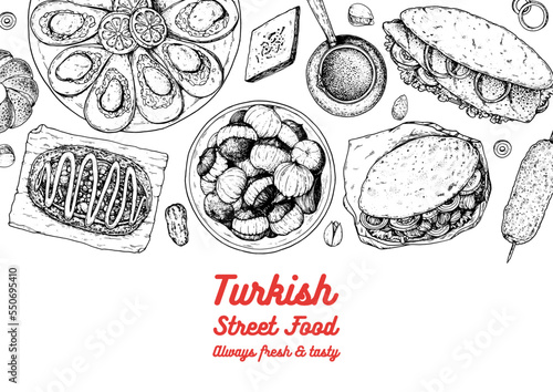 Turkish food top view vector illustration. Food menu design template. Hand drawn sketch. Turkish food menu. Vintage style. Midye dolma, Kumpir, Doner kebab, Balik ekmek, Simit, Roasted chestnuts