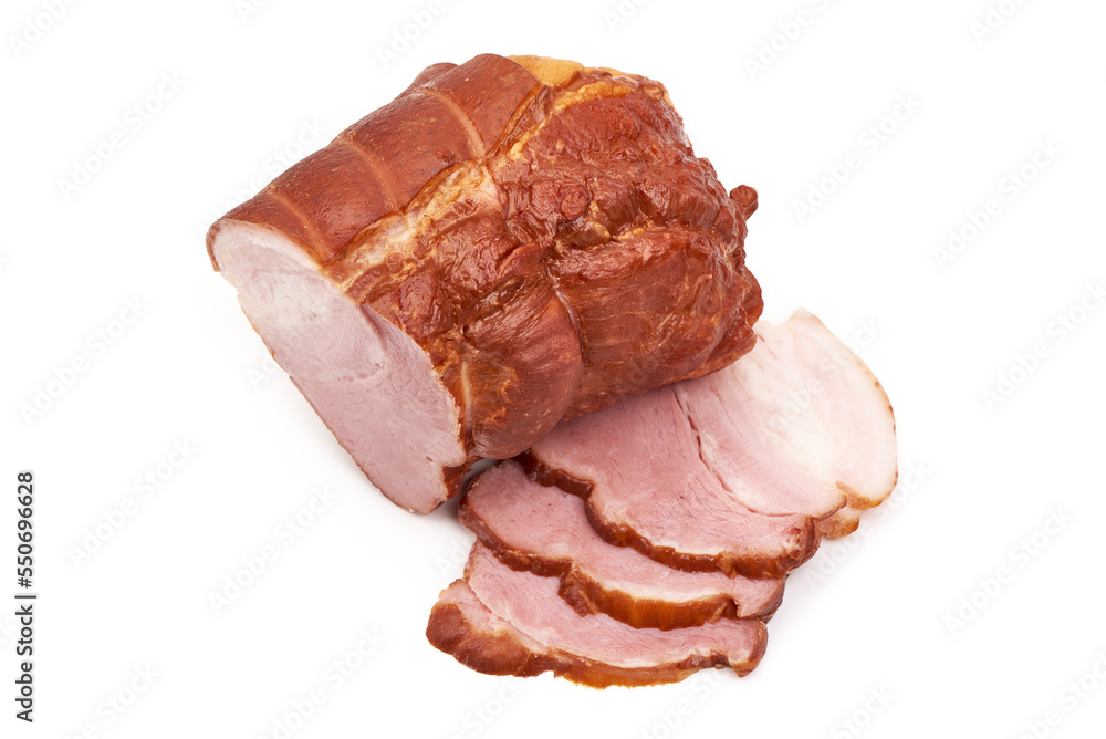 Smoked Pork Loin with slices, isolated on white background. Smoked Pork Loin with slices, isolated on white background.