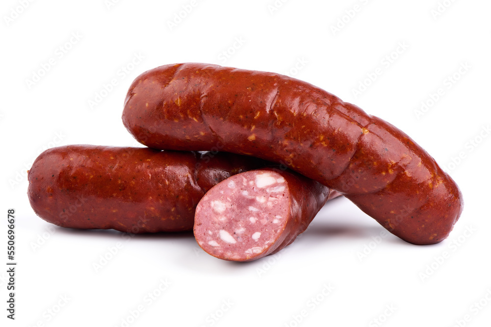 Smoked Pork sausages, close-up, isolated on white background. Smoked Pork sausages, close-up, isolated on white background.