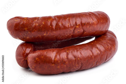 Smoked Pork sausages, close-up, isolated on white background.