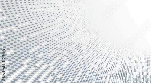 Grey dots in 3D perspective vector abstract background, dotted pattern cool design, wave stream of science technology or business blank template for ads.