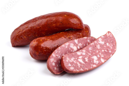 Smoked Pork sausages, close-up, isolated on white background. photo