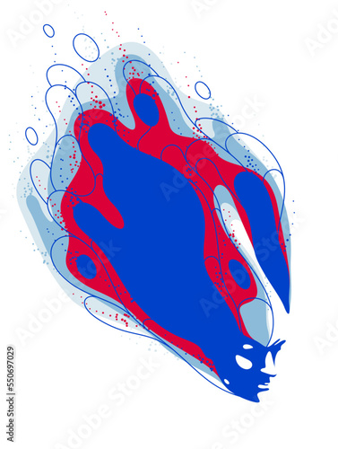 Man head with abstract fluids flying from it vector philosophical illustration, psychology insight and meditation theme, thinking and dreaming, mindfulness.