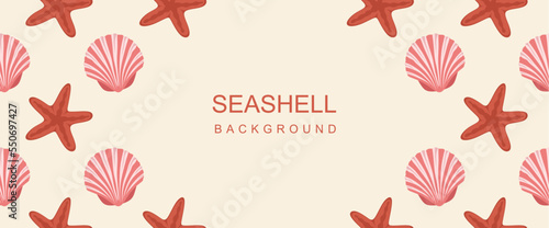 Seashell and starfish round frame. Composition of scallop and starfish background.  Seashells pattern on Sand backdrop background. Exotic beach shellfish, clamshell. Vector illustration