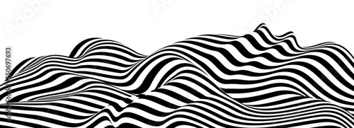 3D black and white lines in perspective abstract vector background, linear perspective terrain pattern op art. photo