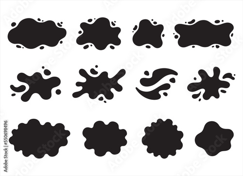Liquid wavy shapes set, splashes collection with uneven fluid wavy edge. Paint spot, blot, rain puddle, stain with drops, blobs. Water graphic design elements, black text backgrounds.