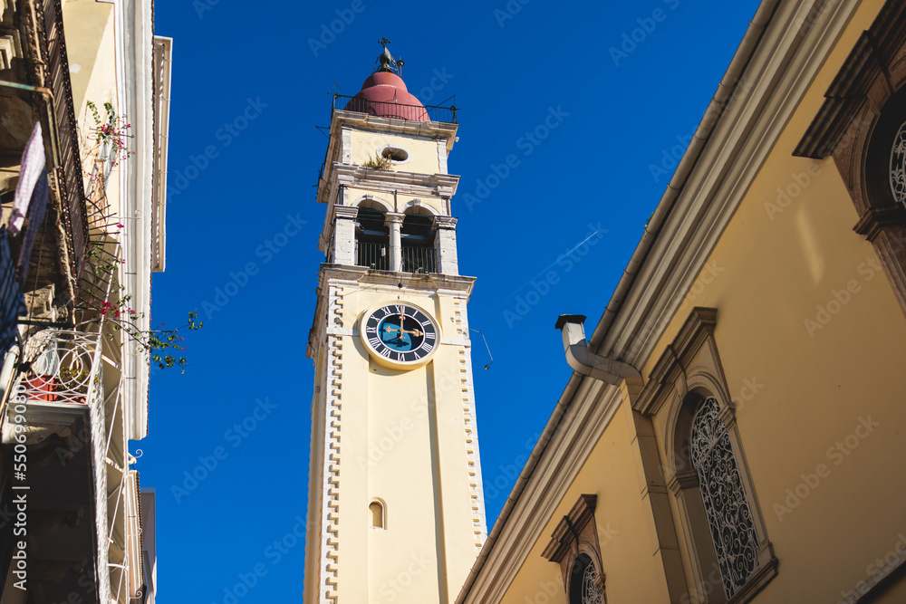 Saint Spyridon Church, a Greek Orthodox church located in Corfu, Kerkyra old town, Ionion Islands, Greece, summer sunny day, single-nave basilica with bell tower, Agios Spiridon church