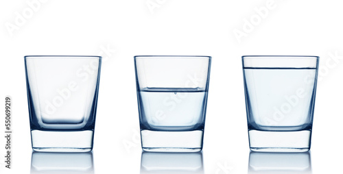Empty,half and full water glasses isolated