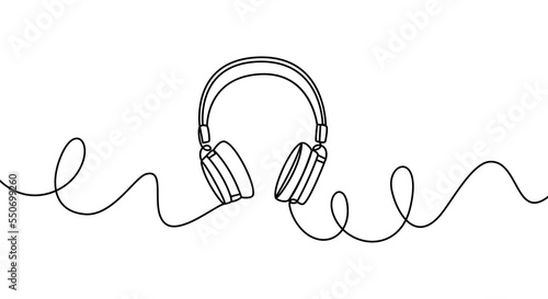 Headphones in continuous line drawing style. Minimalist black linear sketch of a gadget on a white background. Vector illustration