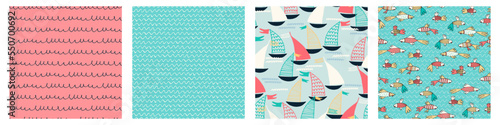 Seamless patterns set with hand drawn sailing boats, anchors, fishhooks, safety rings for surface design and other design projects. Sailing and fishing concept