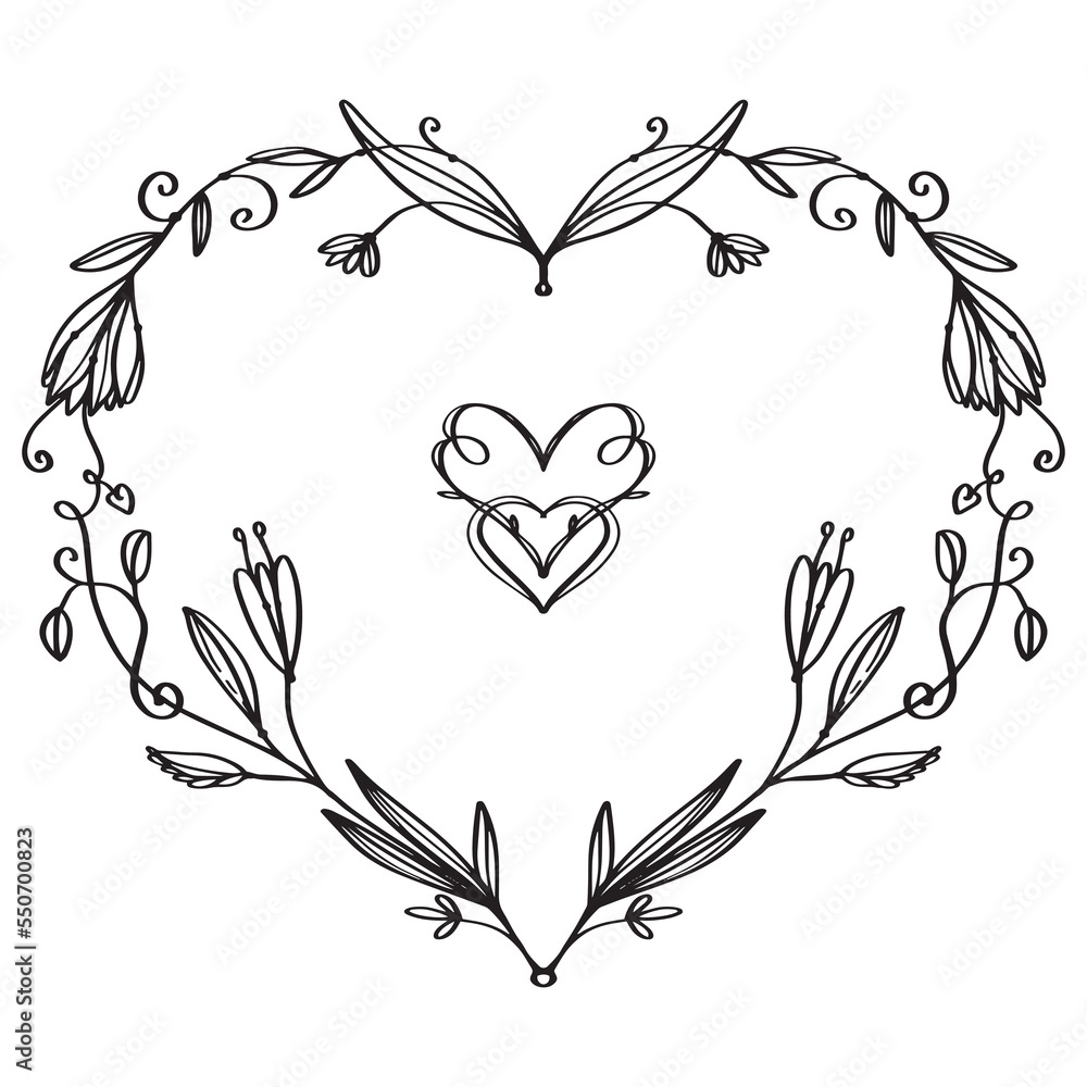 Vector heart of love with decorative flowers. Boho style. Outline. Simple lines. Black doodles on white. For a greeting card. St Valentine's Day. Vector heart of love with decorative flowers. Boho style. Outline. Simple lines. Black doodles on white. For a greeting card. St Valentine's Day.