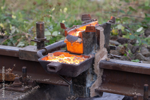 welding rails together on the railroad track with special process