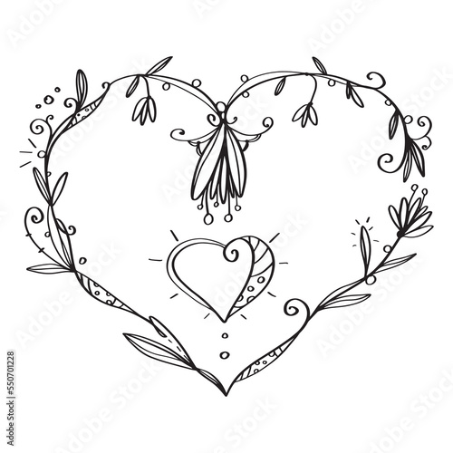 Vector decorative heart of love with leaves and flowers. Boho style. Outline. Simple lines. Black doodles on white. For a greeting card. St Valentine s Day.