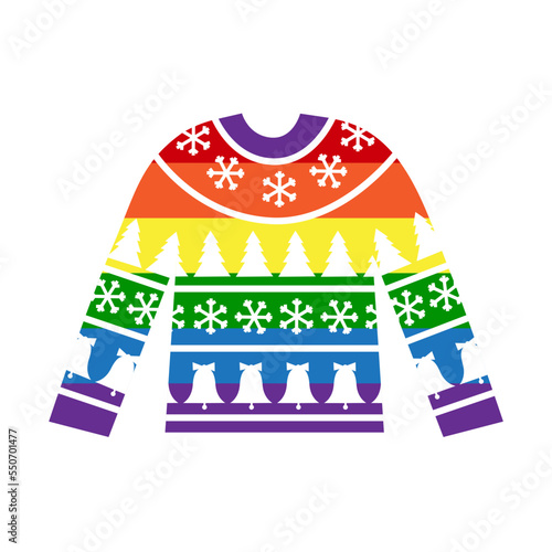 Warm rainbow pride sweater for gay lgbt person. Queer christmas and new year concept. Vector flat illustration.
