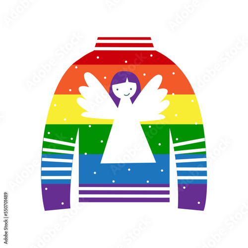Warm rainbow pride sweater for gay lgbt person. Queer christmas and new year concept. Vector flat illustration.