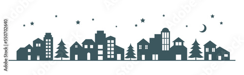 Home town logo vector, building and pine tree silhouettes, night in the city illustration © drosostalitsa