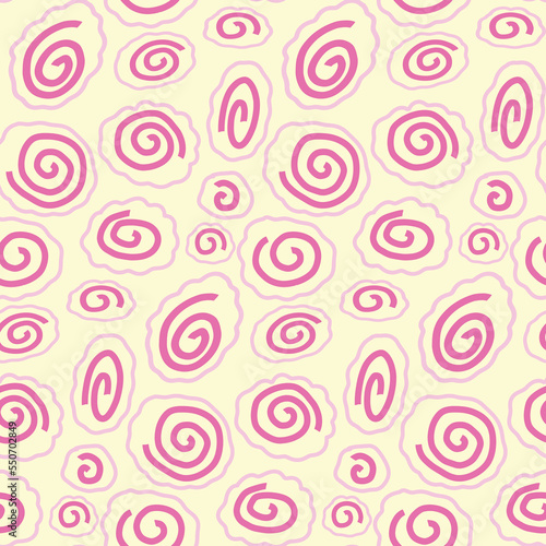 Seamless pattern background with Narutomaki simple hand drawn doodlles. cured fish cake  ramen topping with pink swirl. Asian food abstract vector backdrop  texture  wallpaper  print