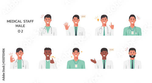 People portraits of medical staffs with positive emotion isolated set, male faces avatars, vector flat illustration	
