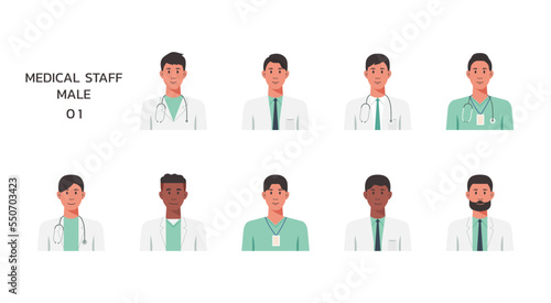 People portraits of medical staffs isolated set, male faces avatars, vector flat illustration	
