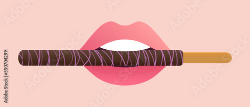 Chocolate dipped pepero stick in pink lips vector illustration isolated on background. Celebration card for Pepero day. Flat cartoon style