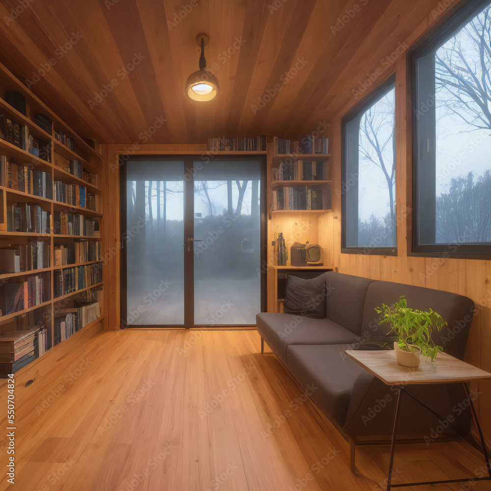 Interior room shot with bookcases of a converted shipping container home. Rustic wood design. 15 of 39 Interior room shot with bookcases of a converted shipping container home. Rustic wood design. 15 of 39