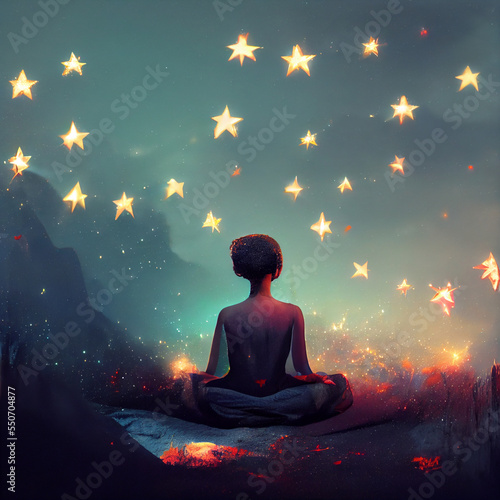 Stargazing Meditation in nature consciousness awakening enlightenment, wonder, peaceful illustration stylized, yoga, practice, lotus, silhouette, pose, meditating, spiritual health (generative AI, AI)